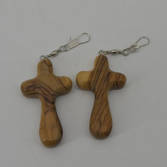 Lot of 2 Crosses Fishing Hooks Hand Carved 3.5" Natural Wood - Picture 7 of 7